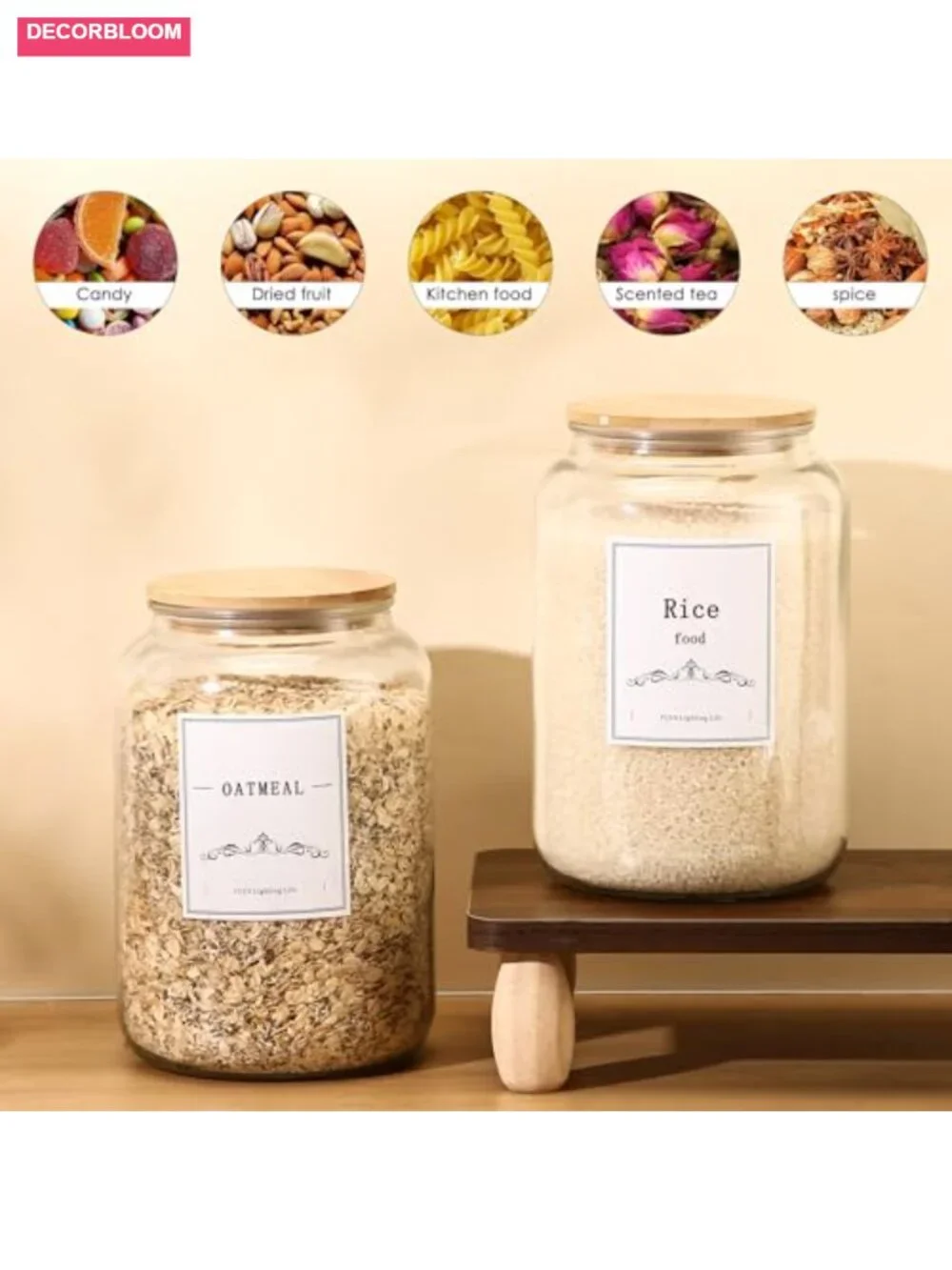 Large Glass Jar with Airtight Bamboo Lid - Kitchen Canister for Flour, Sugar,